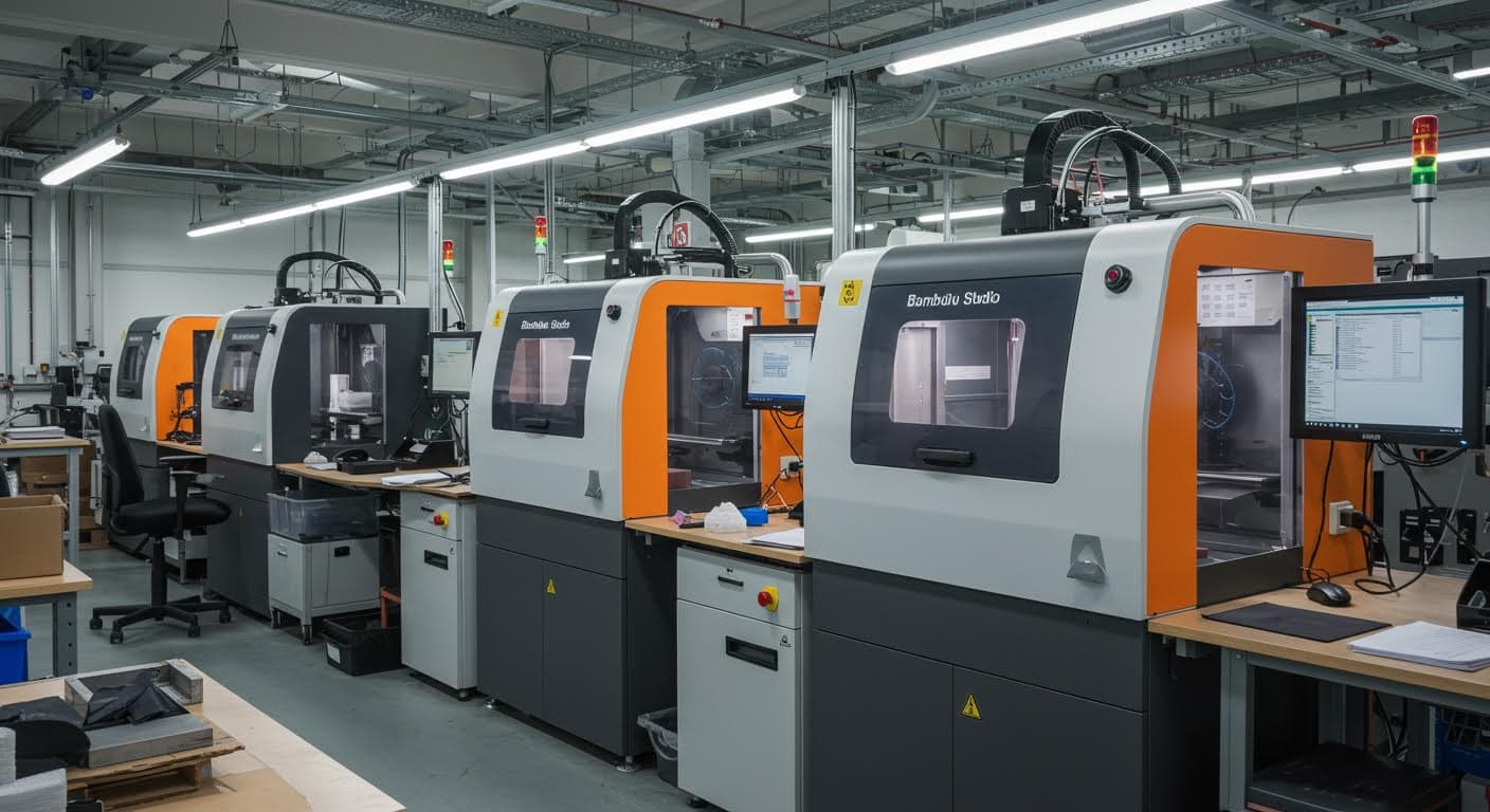 Industrielle Szene mit mehreren 3D-Druckern in einer Fertigungshalle, Betonung auf Technologie und Präzision, keine Schrift