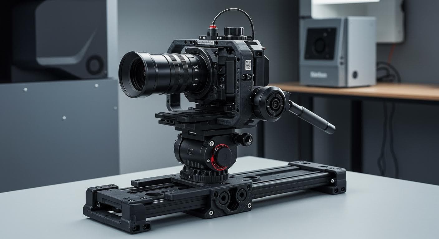 Professionelles Foto eines 3D-gedruckten Kamera-Rigs mit modularen Komponenten, isoliert auf neutralem Hintergrund, hohe Auflösung, Fokus auf Struktur und Materialtextur