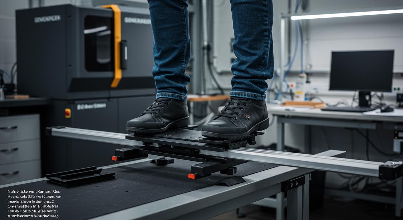 Nahaufnahme eines additiv gefertigten Stativs mit ausgefahrenen Beinen, in industrieller Umgebung, ohne jegliche Beschriftungen, betont Stabilität und Design