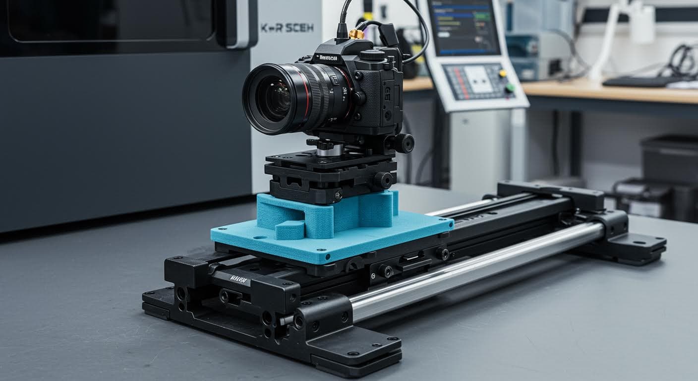 Seitenansicht eines 3D-gedruckten Sliders mit Gleitschiene und Kamera-Mount, dynamische Perspektive, magazinqualität, reine Technologie-Darstellung
