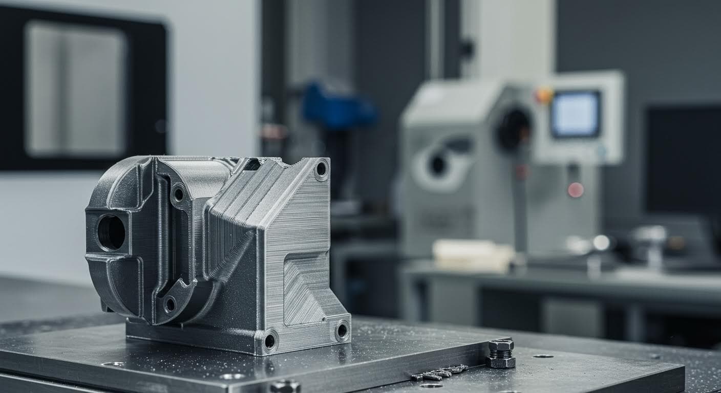 A high-resolution close-up of a 3D-printed mechanical part featuring chamfered edges and smooth transitions in an industrial workshop setting, with metallic surfaces and precision tools in the background.