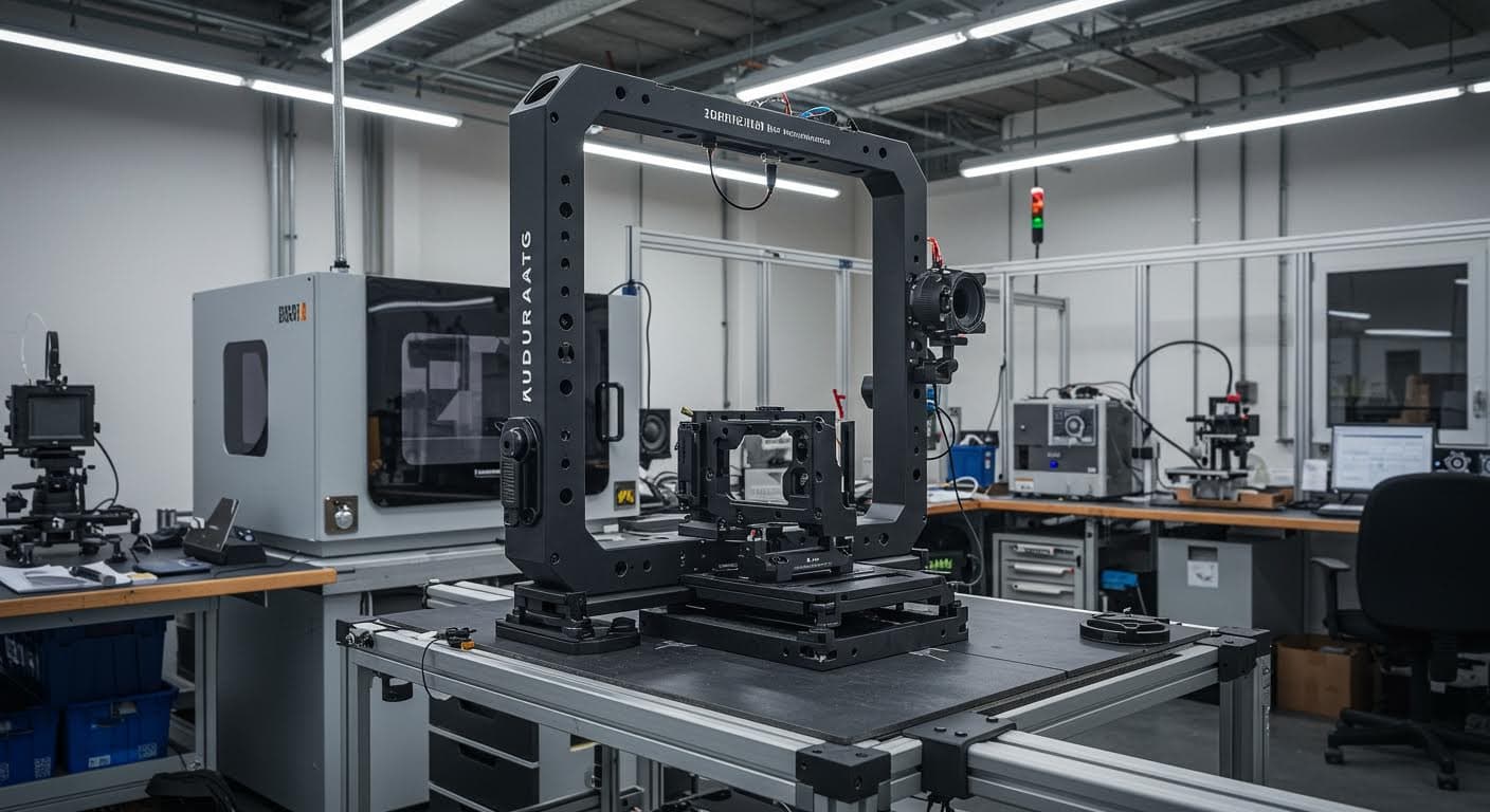 Hybrides Setup aus Rig, Stativ und Slider, in einem Fertigungsraum, hochauflösend, visuelle Betonung auf Integration und Präzision