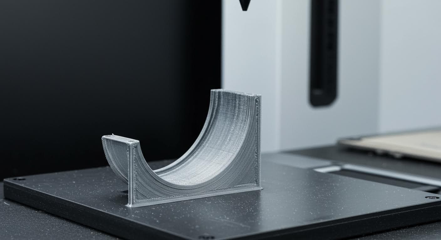 Professional photograph of a curved radius on a additively manufactured component, placed on a build plate, highlighting material flow and structural integrity without any supports.