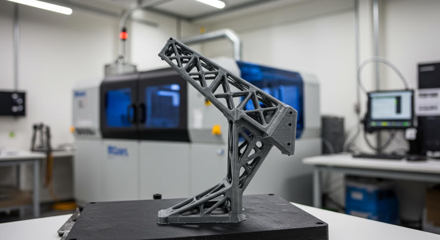 Image of an overhanging structure in a 3D-printed model, demonstrating stability at a 45-degree angle, in a clean lab environment with printing equipment visible.
