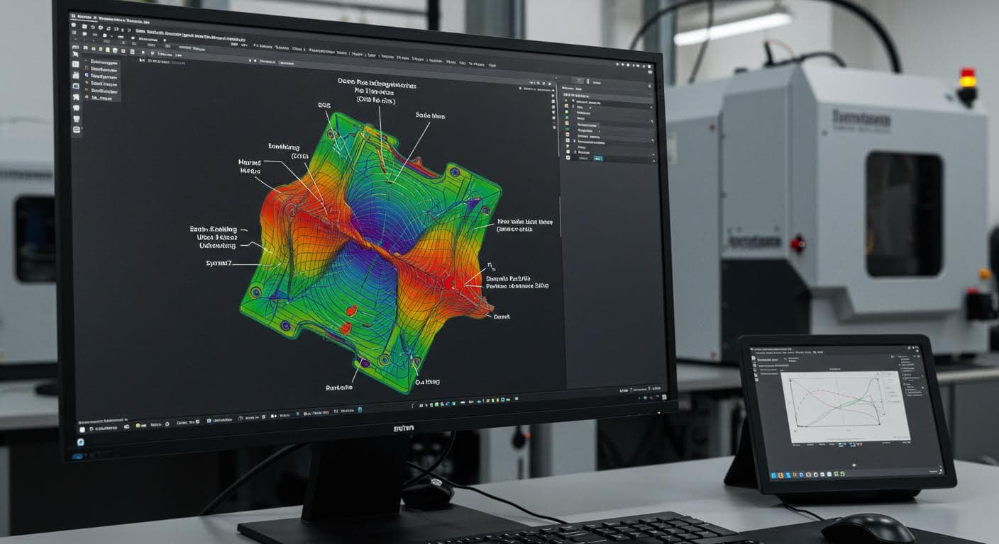 Detailed view of a finite element analysis simulation result on a computer screen, showing stress distribution in a part with radii, but without any text or labels on the image itself.