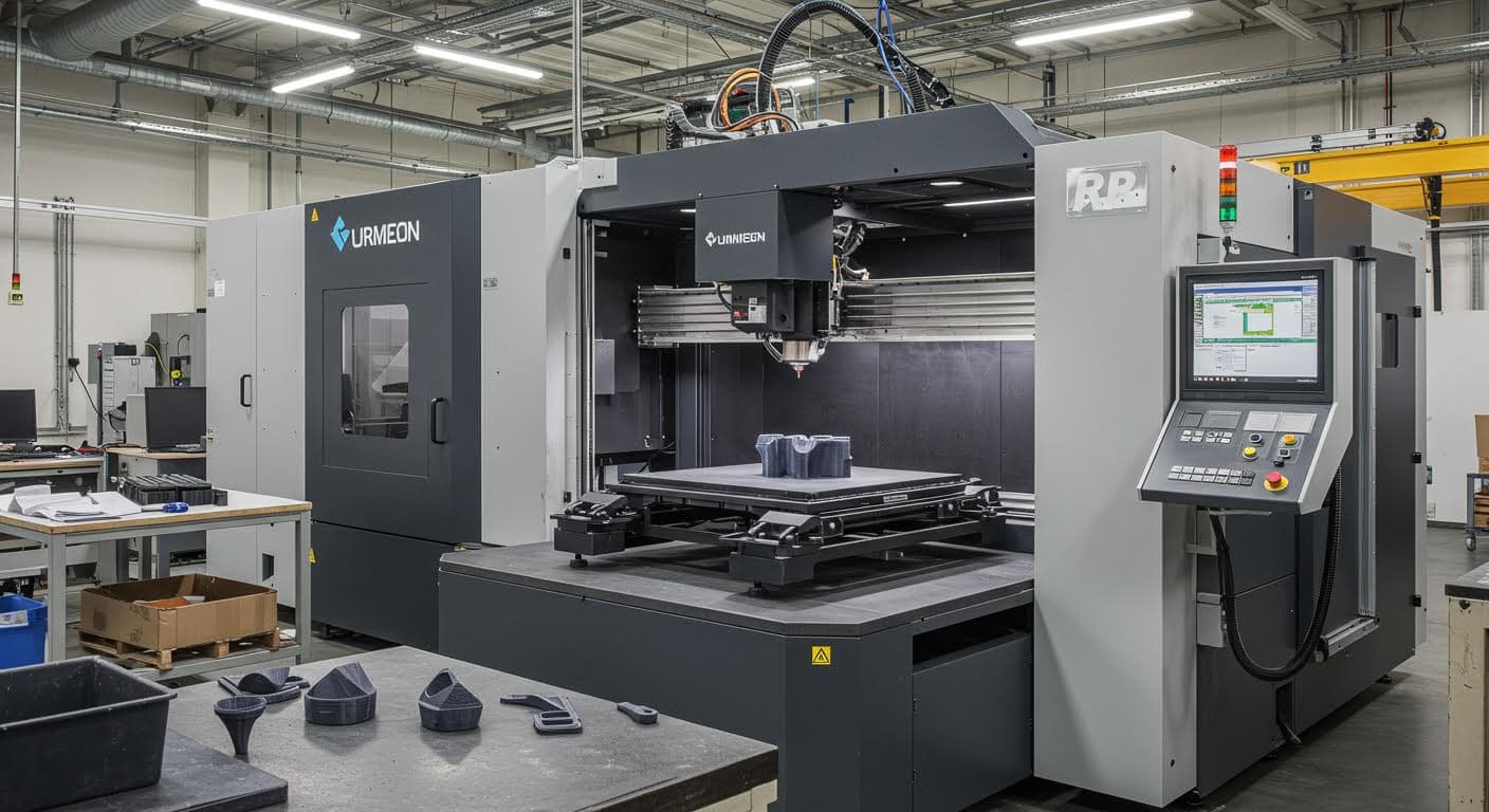 Industrial scene of a large 3D printer in operation, extruding material to form complex geometries with chamfers and overhangs, in a factory hall.