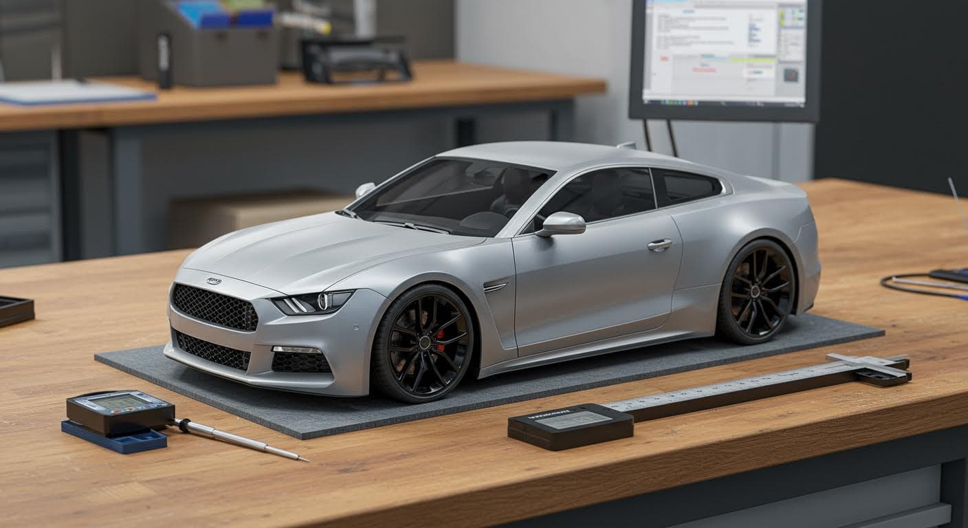 Photograph of a completed 3D-printed prototype for automotive use, showcasing integrated design elements like radii and chamfers, on a workbench with measurement tools nearby.