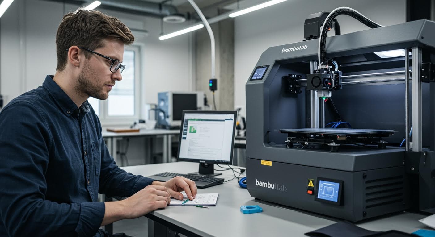 Hochauflösendes Foto eines Bambu Lab A1 3D-Druckers mit angeschlossenem AMS Lite-System in einem modernen industriellen Setting, fokussiert auf die Technologie ohne Beschriftungen