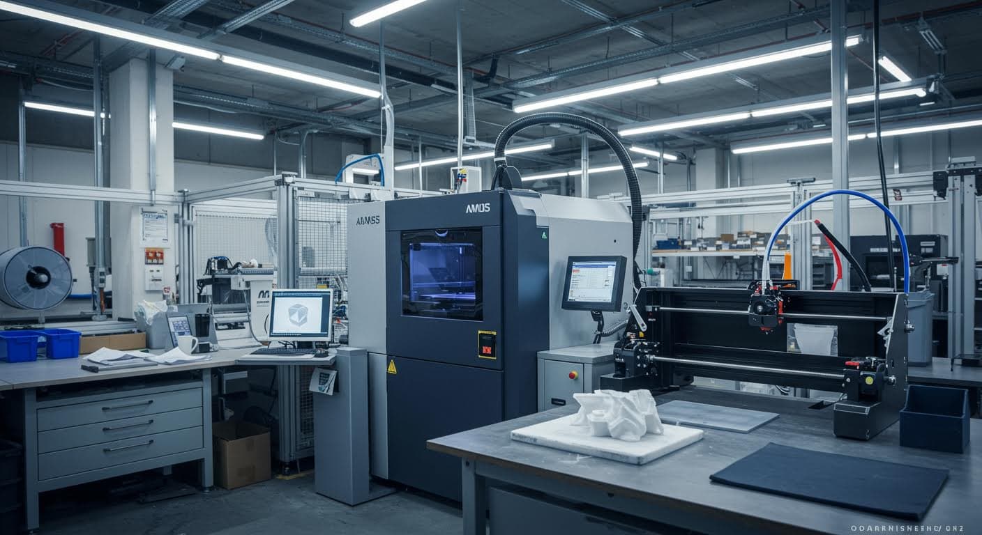 Industrielle Szene mit 3D-Drucker in einer Fertigungshalle, Betonung auf Equipment und Ergebnisse, hochauflösend