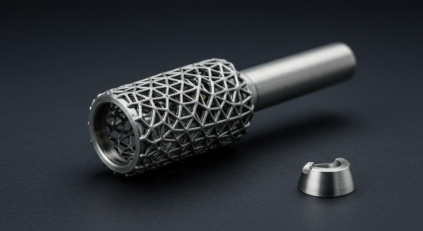 Hochauflösende, professionelle Industriefotografie eines 3D-gedruckten Mundstücks für eine Trompete, fokussiert auf die präzise Metallstruktur und Geometrie, ohne jegliche Texte oder Labels.