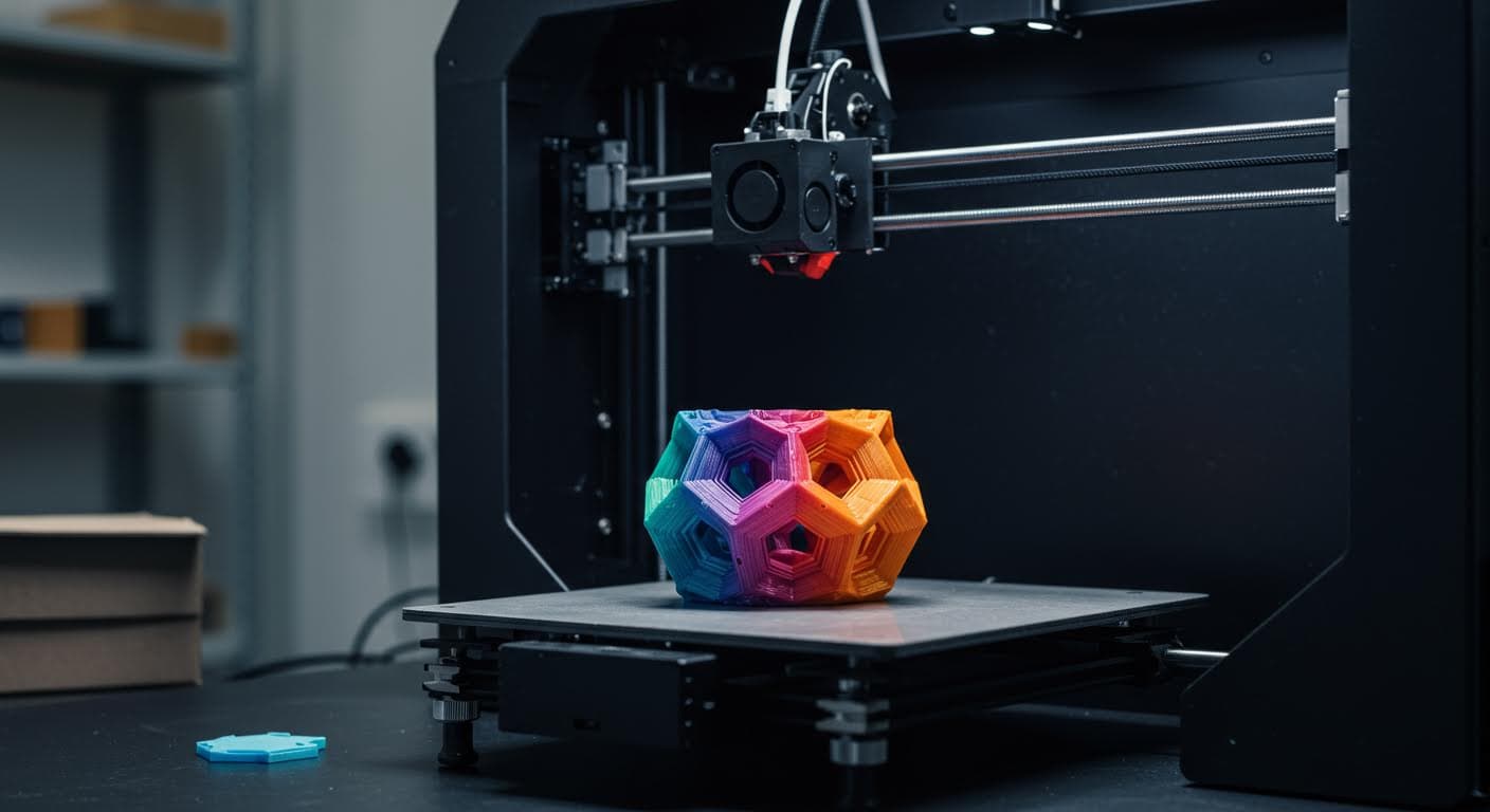 Fertiges mehrfarbiges 3D-Modell auf Druckbett, Fokus auf Materialqualität und Farbvielfalt, ohne jegliche Schrift