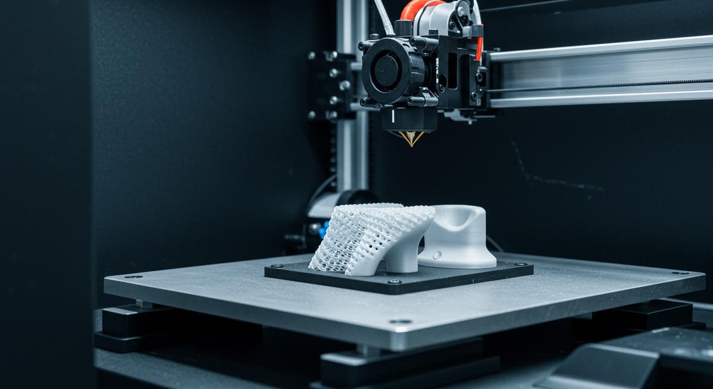 Visuelle Darstellung eines additiven Fertigungsprozesses, bei dem ein Adapter in einem 3D-Drucker entsteht, mit Fokus auf das Druckbett und Schichtaufbau, magazin-taugliche Qualität.