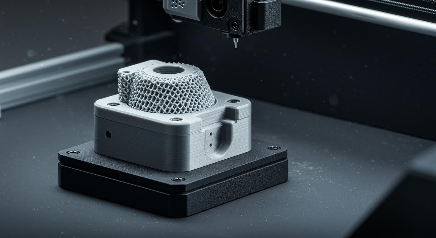 Reine Technologieaufnahme eines gedruckten Adapters für Blasinstrumente, betont die komplizierte Innenstruktur und Oberflächenfinish, hochauflösend und ohne Schriften.