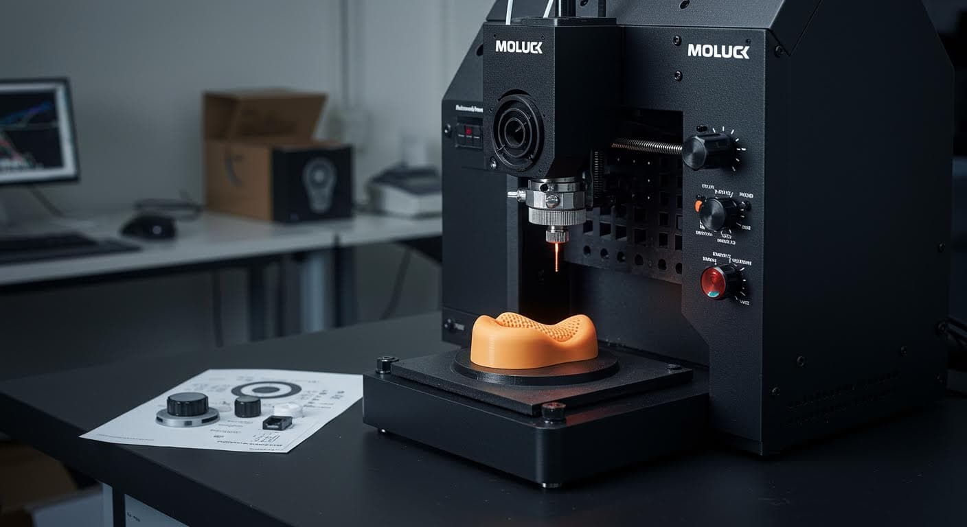 Professionelles Foto eines akustischen Testaufbaus mit einem 3D-gedruckten Mundstück, zeigt Vibrationen und Schallwellen visuell, rein visuell ohne Beschriftungen.