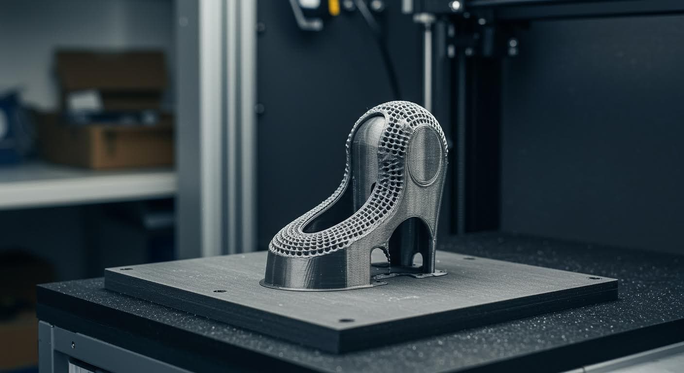 Industriefotografie eines fertigen 3D-gedruckten Instrumentenparts in einer Produktionsumgebung, Fokus auf Materialtextur und Präzision, keine Logos oder Texte.