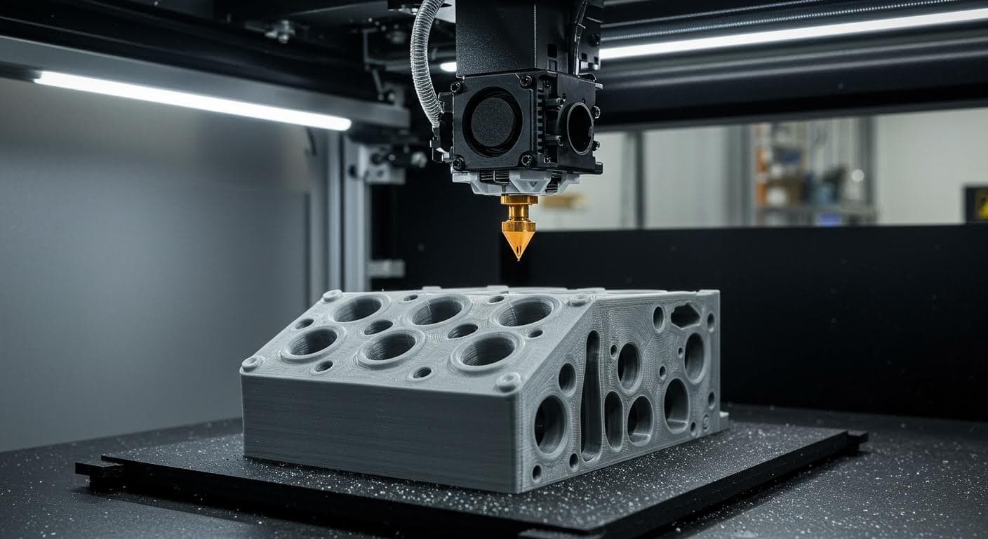 Hochauflösendes Foto eines 3D-Druckers beim Aufbau eines Bauteils mit feinen Löchern, Fokus auf die Schichtstruktur, industrielle Umgebung ohne Text