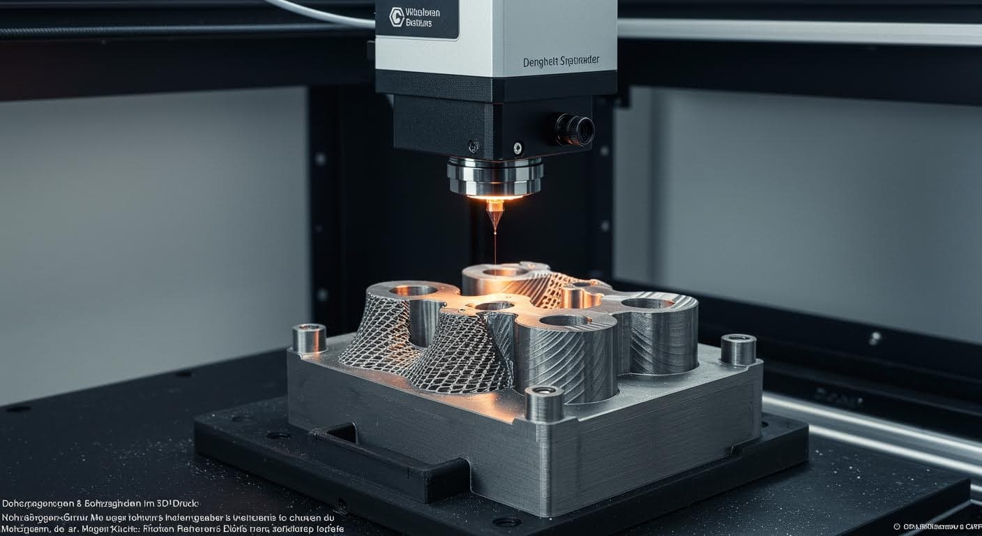 Nahaufnahme eines optischen Messgeräts, das den Durchmesser einer Bohrung in einem metallischen 3D-gedruckten Teil scannt, professionelle Beleuchtung