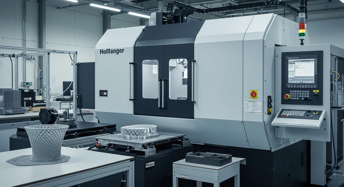 Industriefoto einer hybriden Fertigungsanlage, die 3D-Druck mit CNC-Bohren kombiniert, dynamische Perspektive ohne Beschriftungen