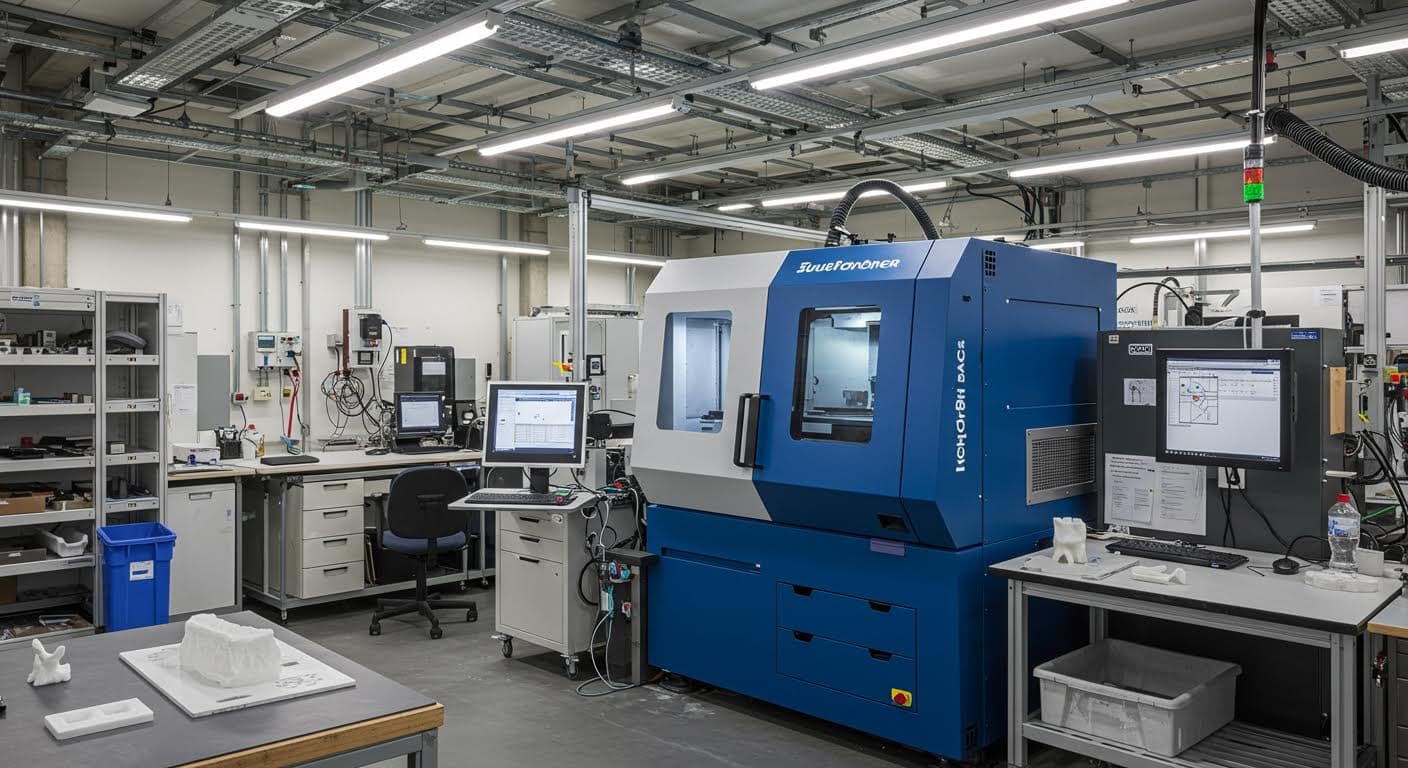 Panoramafoto eines modernen 3D-Druck-Labors in einer süddeutschen Fabrik, mit Equipment und gedruckten Prototypen, magazinqualität