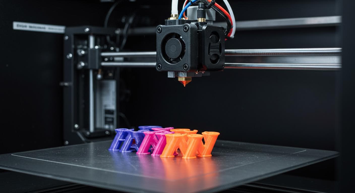 Close-up of a 3D printer head switching filaments during multi-color printing process