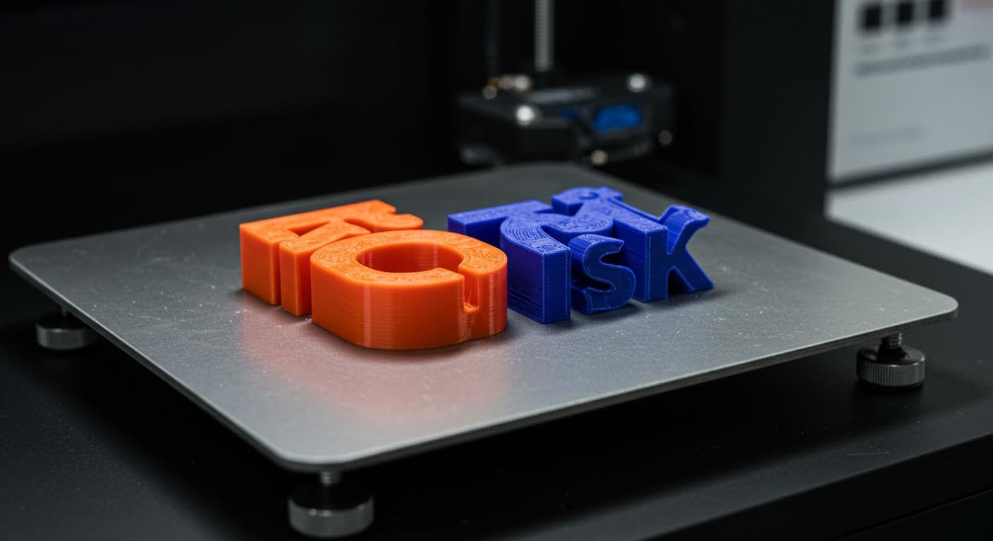 Multi-colored 3D printed logo on a build plate in high resolution