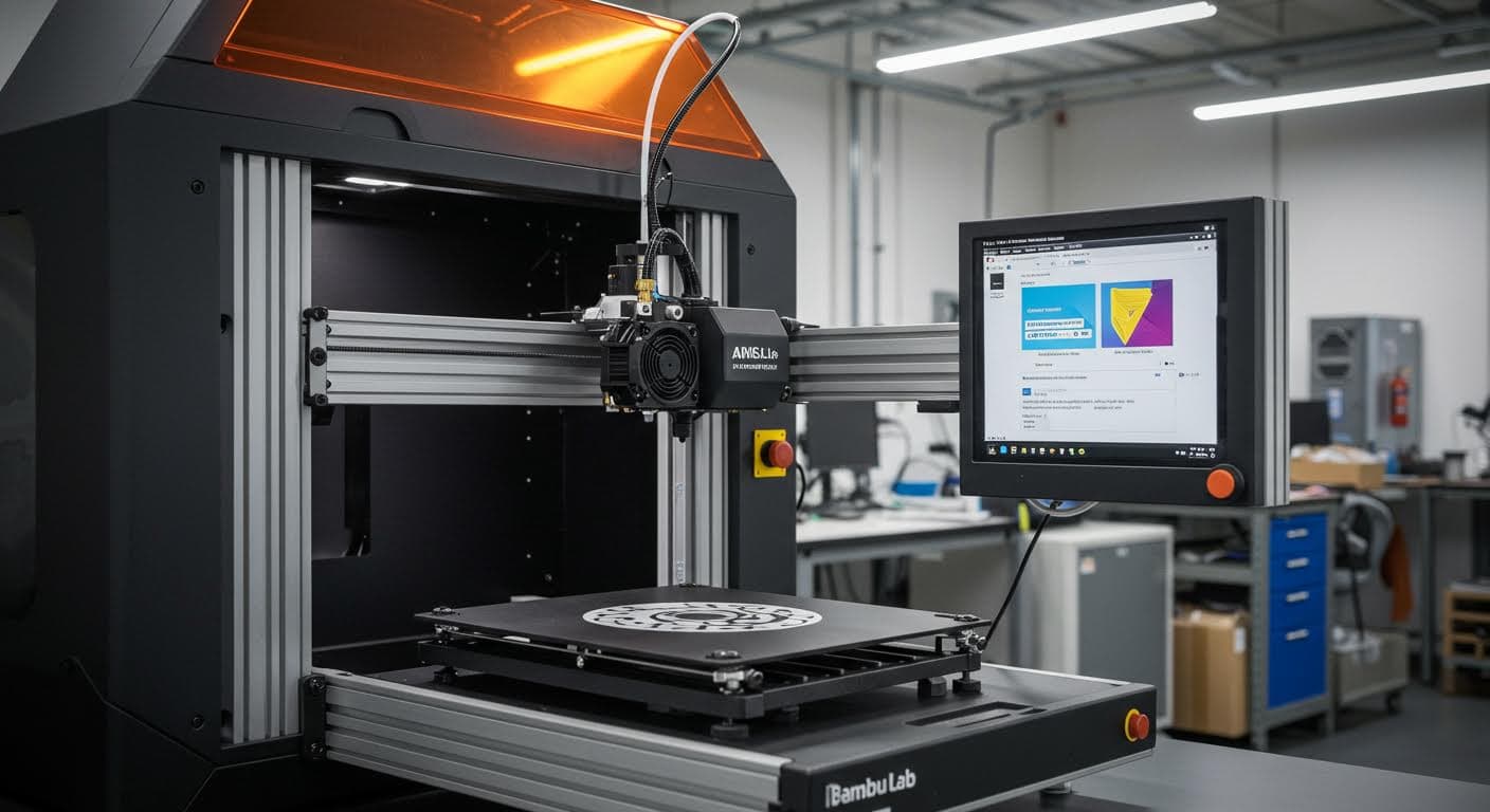 AMS Lite system attached to a Bambu Lab A1 printer in an industrial workshop