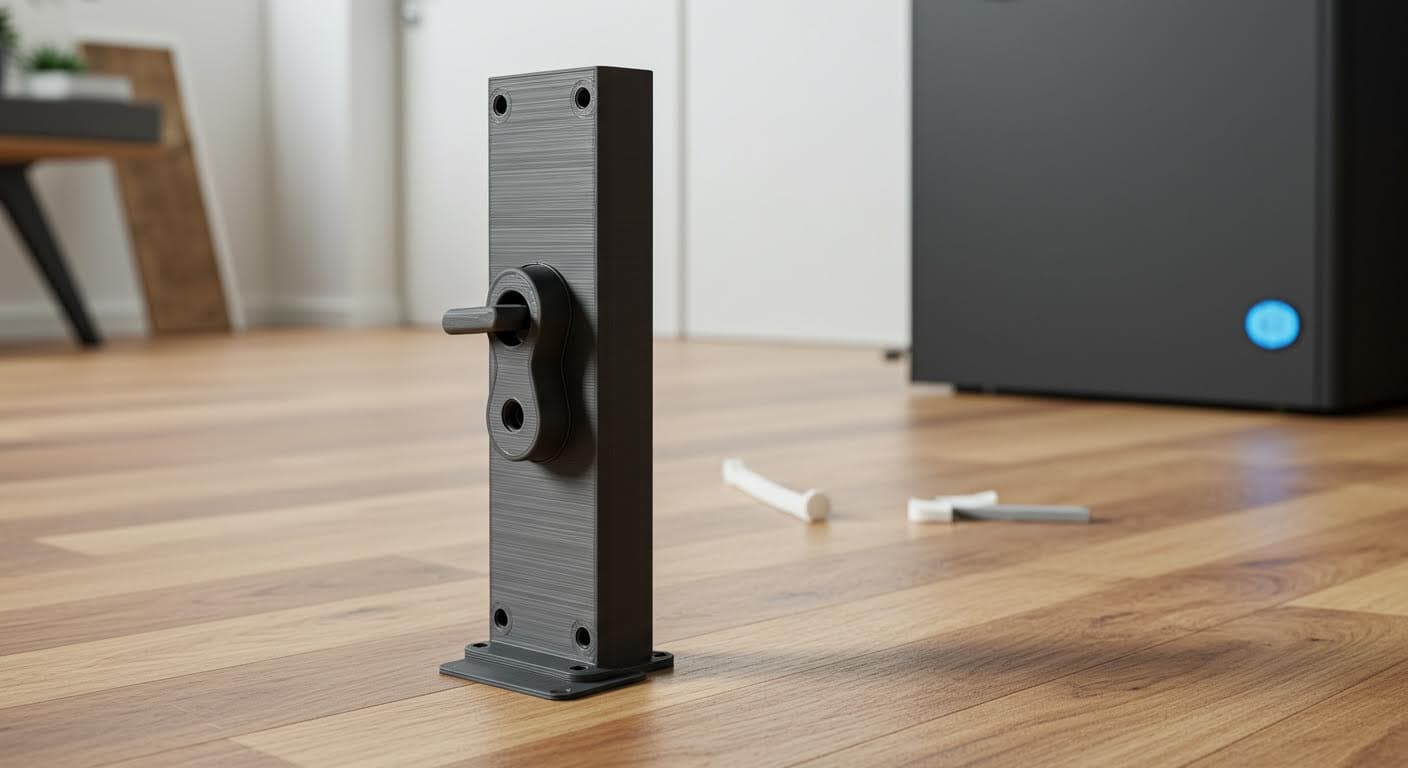 Hochauflösende Fotografie eines 3D-gedruckten Türstoppers aus Kunststoff, platziert auf einem Holzboden in einer modernen Wohnung, reines visuelles Design ohne Text