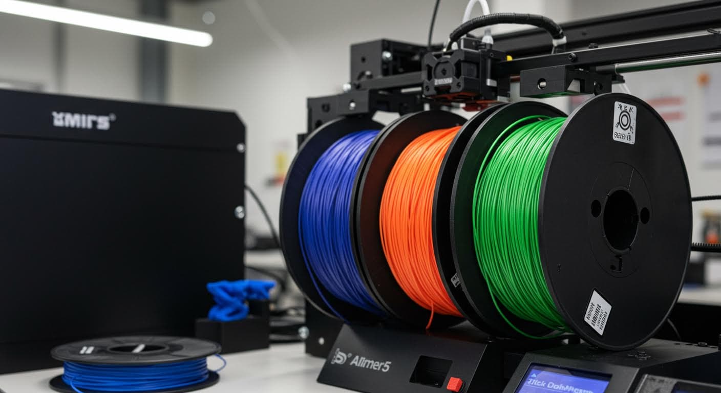 Filament spools in various colors loaded into a 3D printer setup