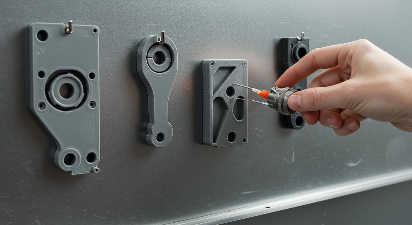 Professionelle Industrieaufnahme von mehreren 3D-gedruckten Haken an einer Metallwand, fokussiert auf Materialtextur und Funktionalität, keine Beschriftungen