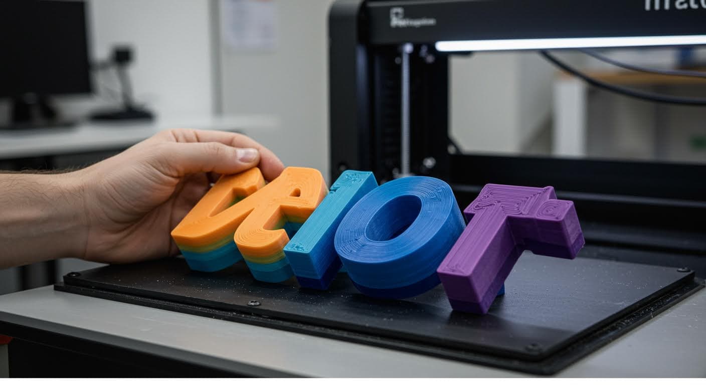 Finished 3D printed prototype of a logo with layered colors