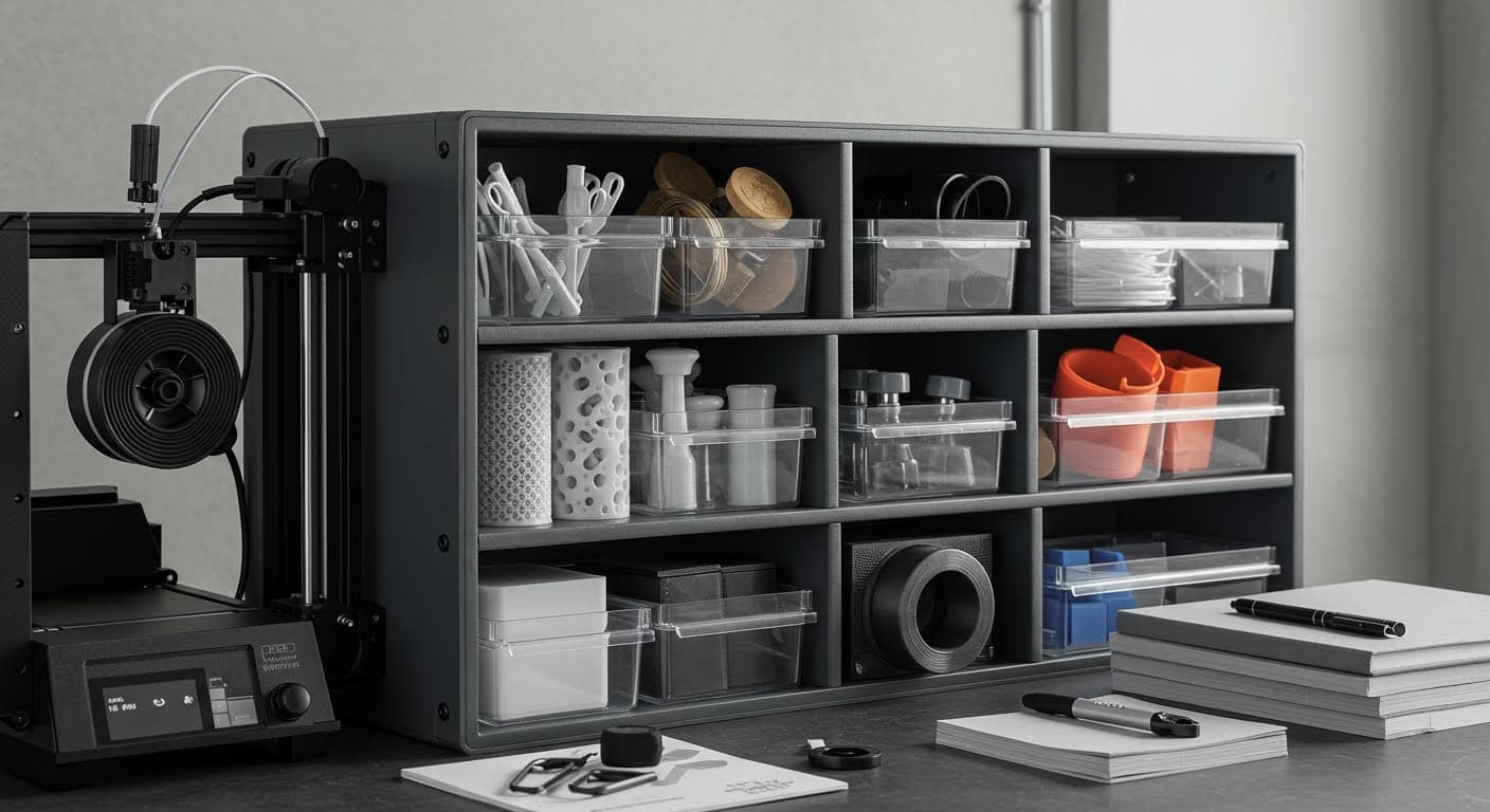 Nahaufnahme eines modularen Organizers aus additiv gefertigtem Material, gefüllt mit Haushaltsgegenständen, magazinqualität ohne jegliche Schrift