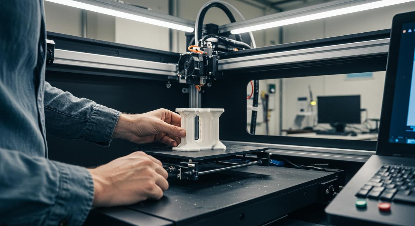 Bild einer 3D-Druckmaschine im Betrieb, die einen Haushalts-Hack produziert, mit Fokus auf Technologie und Präzision, rein visuell
