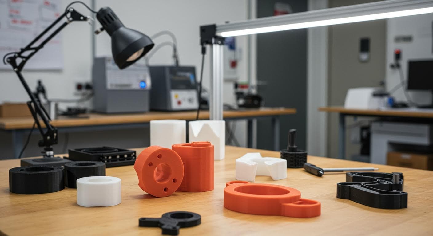 Szene in einer Werkstatt mit 3D-gedruckten Produkten wie Haken und Stoppern auf einem Tisch, professionelle Beleuchtung, kein Text