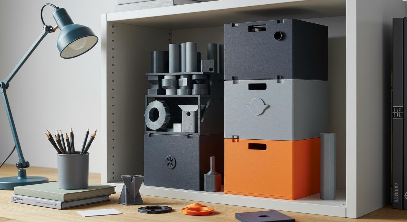 Hochwertige Darstellung stapelbarer Organizer-Boxen aus 3D-Druck, arrangiert in einem Regal, betont Modularität und Design