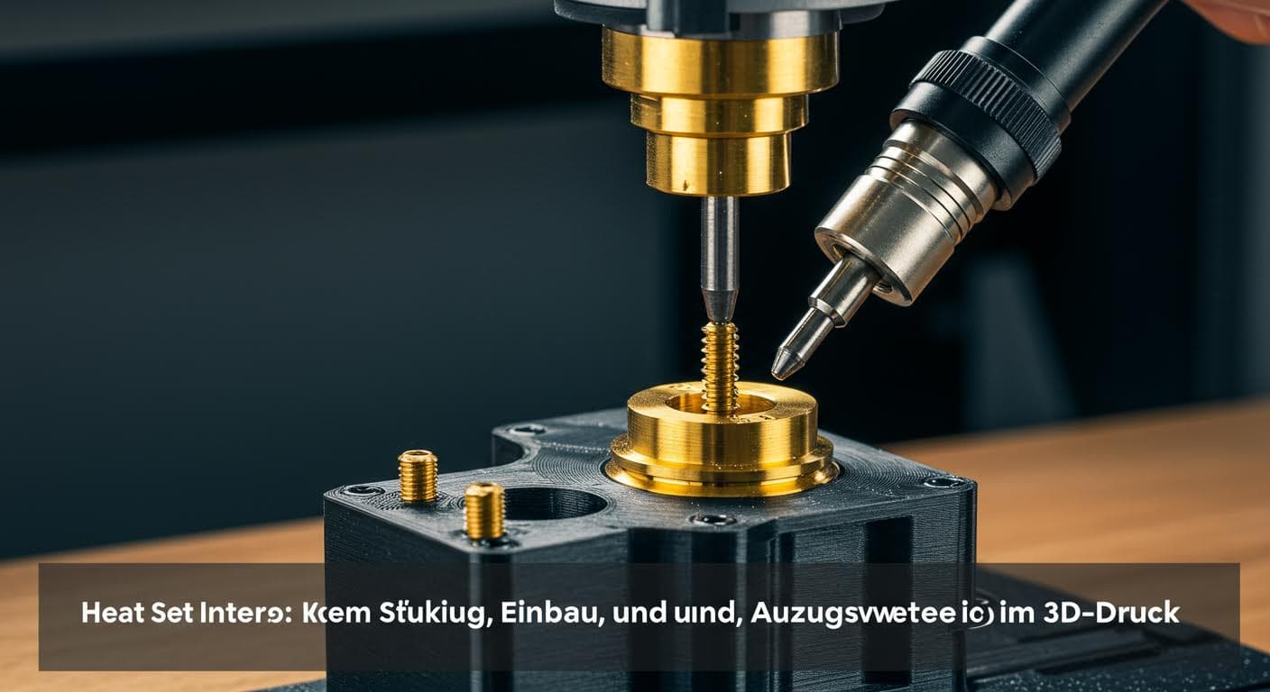 Close-up of a brass heat-set insert being installed into a 3D-printed plastic part using a soldering iron, high-resolution industrial photo without any text