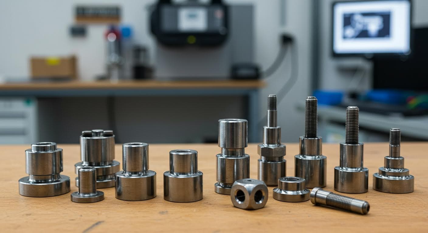 Array of various sizes of heat-set inserts made from metal, arranged on a workshop table, professional photography with focus on details