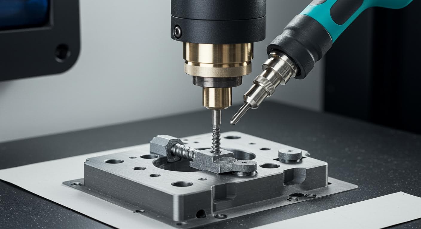 Soldering iron with special tip pressing a heat-set insert into a pre-drilled hole in thermoplastic material, side view in industrial setting