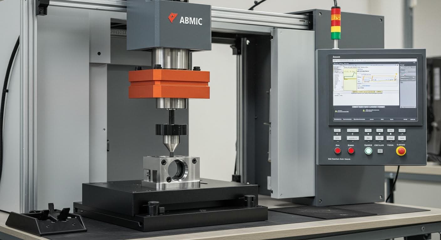 Test setup showing a heat-set insert undergoing pull-out force measurement with mechanical equipment, clean and technical image