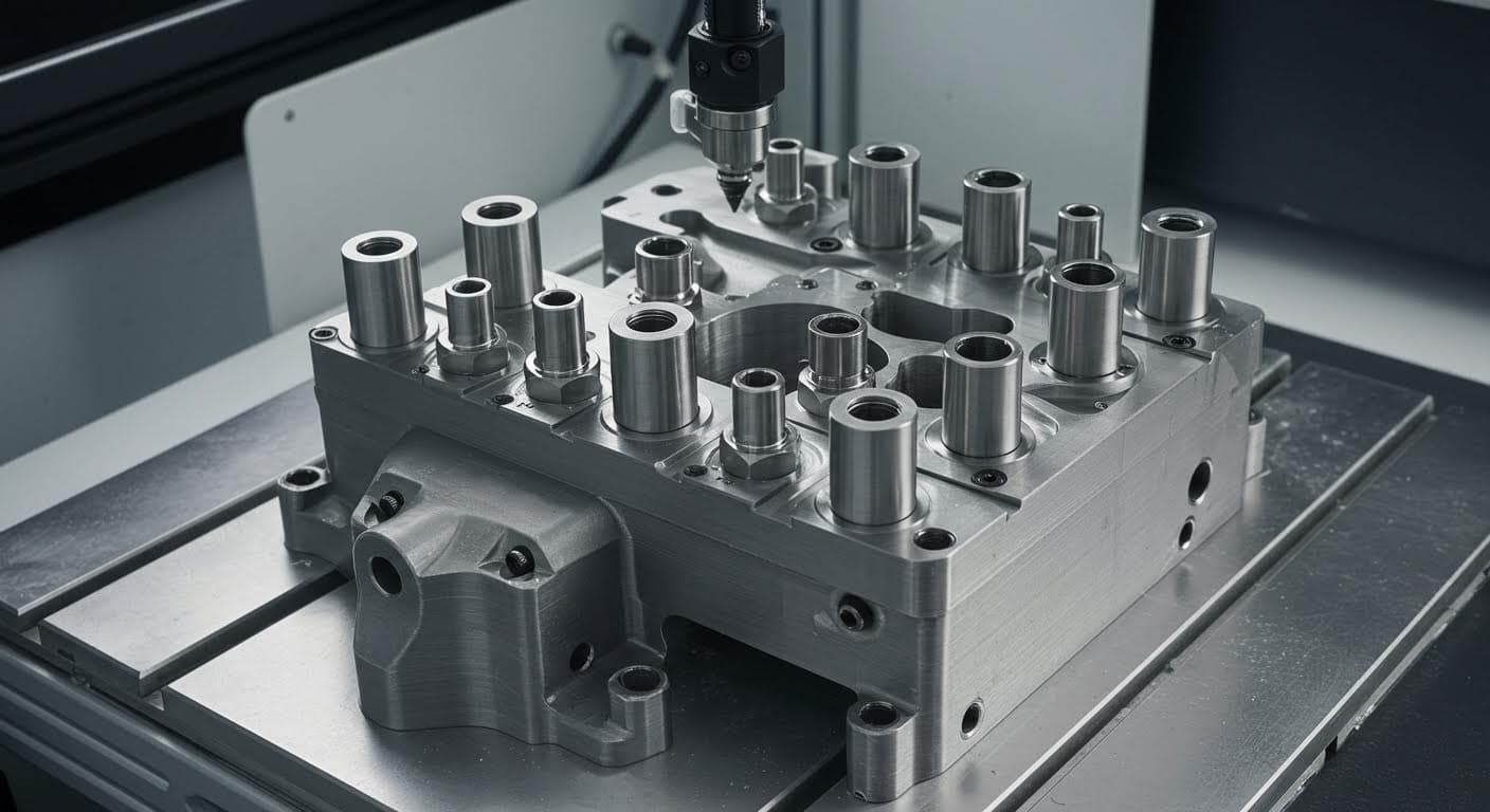 Finished 3D-printed component with multiple embedded heat-set inserts, viewed from above in a manufacturing environment