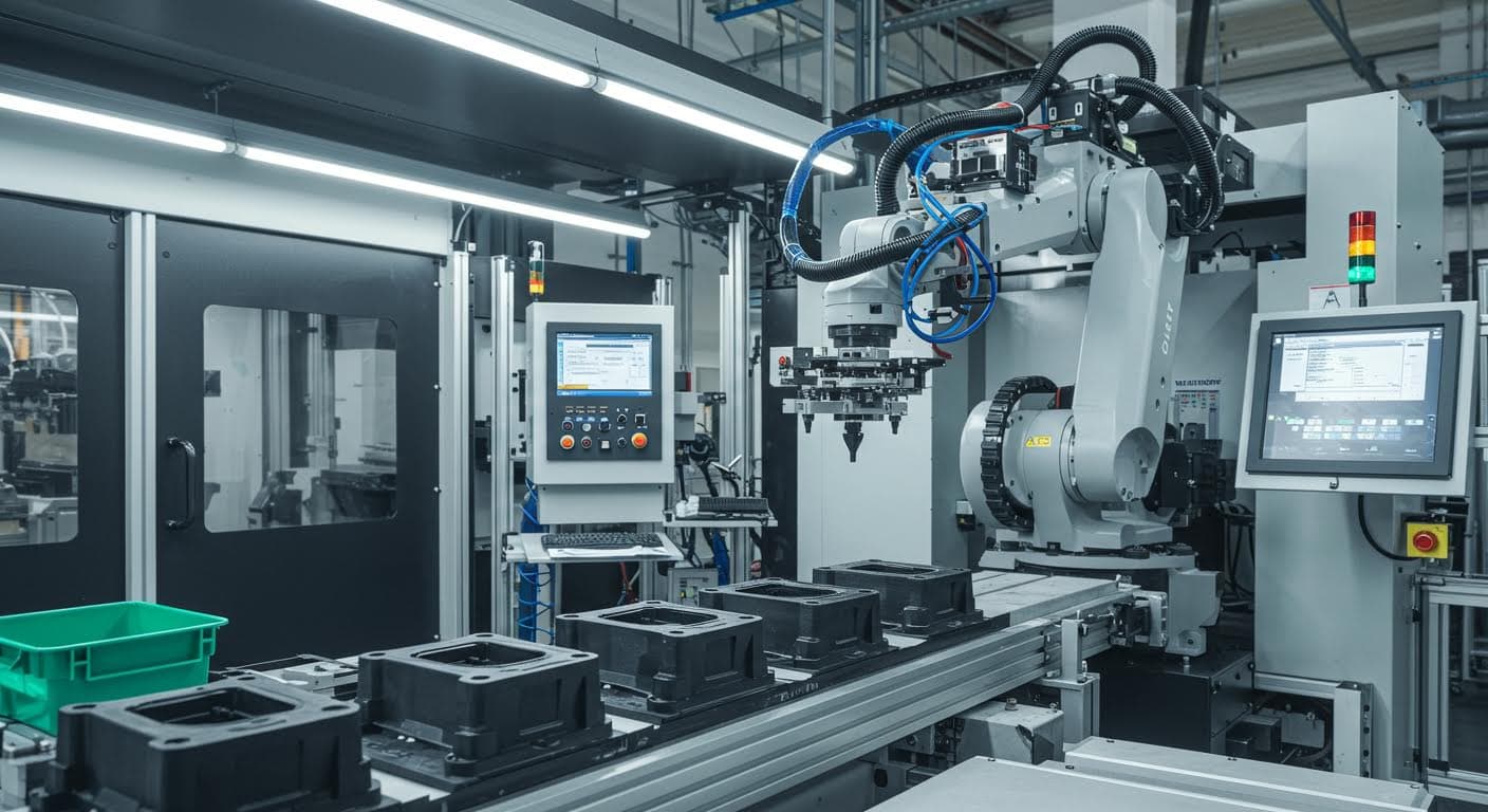 Automated robotic arm installing heat-set inserts into a series of plastic parts on a production line, high-tech factory scene