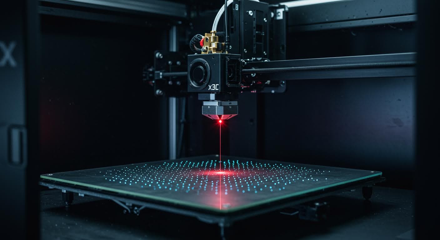 Hochauflösende Nahaufnahme eines Micro-LiDAR-Sensors in einem 3D-Drucker, der eine Oberfläche scannt, mit sichtbaren Laserstrahlen und reflektierenden Punkten, professionelle Industriefotografie