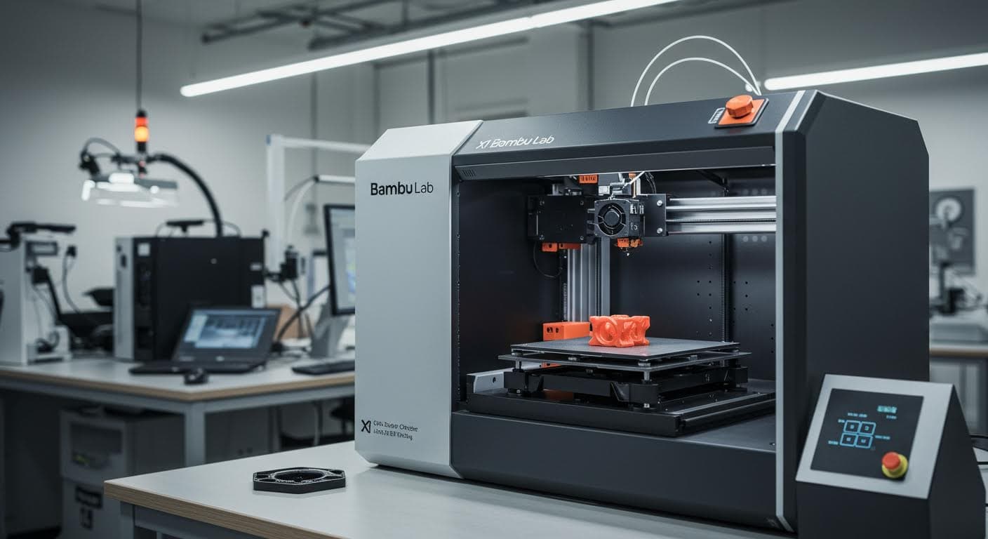 Bambu Lab X1 3D-Drucker in einer modernen Werkstattumgebung, Fokus auf das Gerät und gedrucktes Objekt, reine Technologie-Darstellung