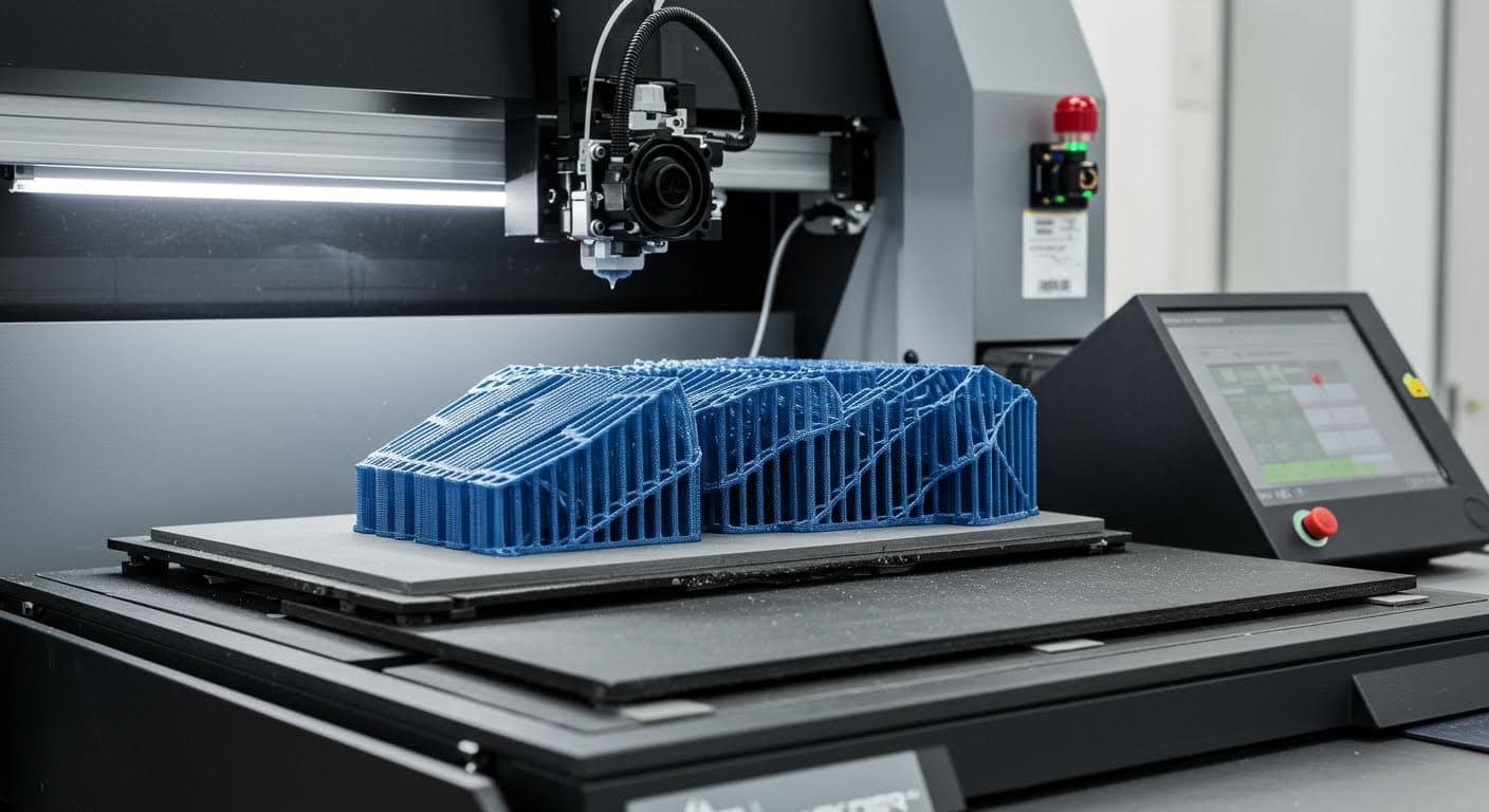 Professionelles Foto eines industriellen 3D-Druckers, der ein komplexes Outdoor-Teil aus UV-stabilem Material herstellt, Fokus auf die Druckdüse und Schichten, ohne jeglichen Text.