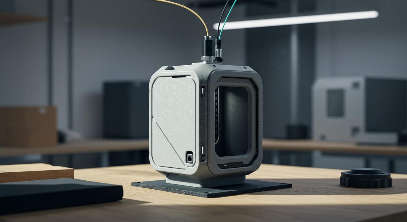 3D-gedrucktes Gehäuse für Outdoor-Sensoren, platziert in einer sonnigen Umgebung, magazinqualität, keine Beschriftungen.