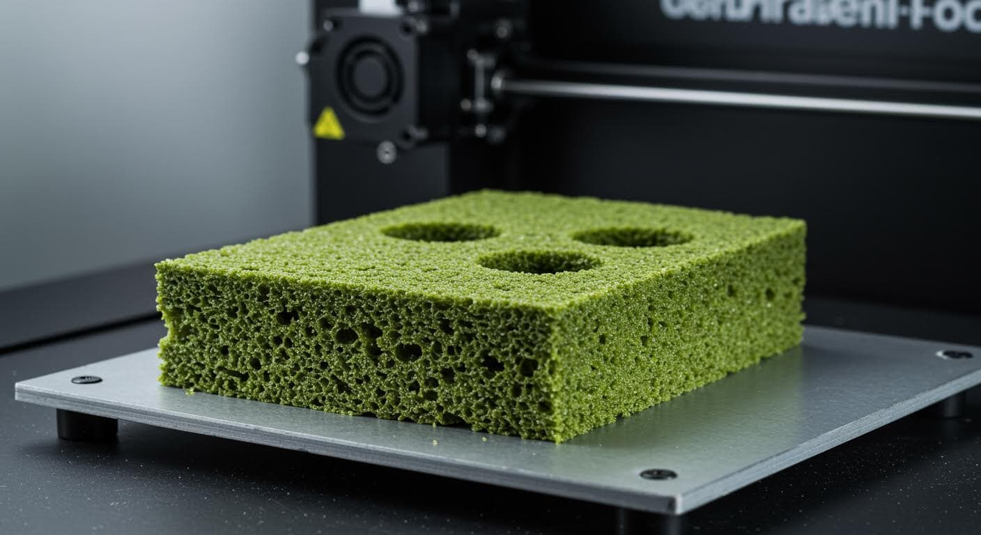 Detailbild eines bio-basierten Materials in 3D-Druck-Anwendung, zeigt Stärke und Struktur, professionelle Industriefotografie.