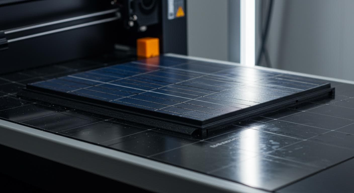 Fertiges 3D-gedrucktes Solarpaneel-Element, hochauflösend, Fokus auf Oberflächenstruktur und Reflexionen, ohne Text.