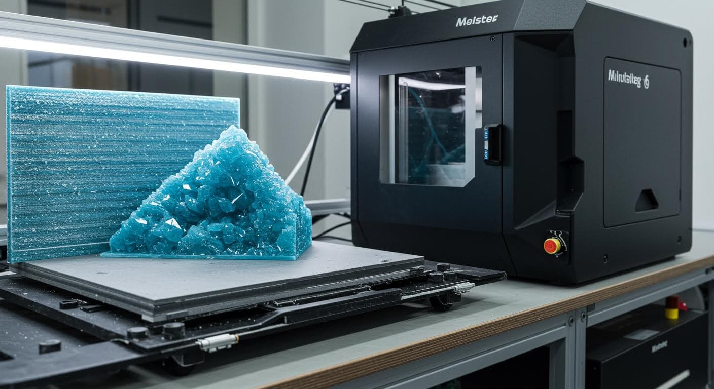 Mineralischer Schaum als gedrucktes Bauteil, visuell darstellend Schallabsorption und UV-Stabilität, reine Technologieaufnahme.
