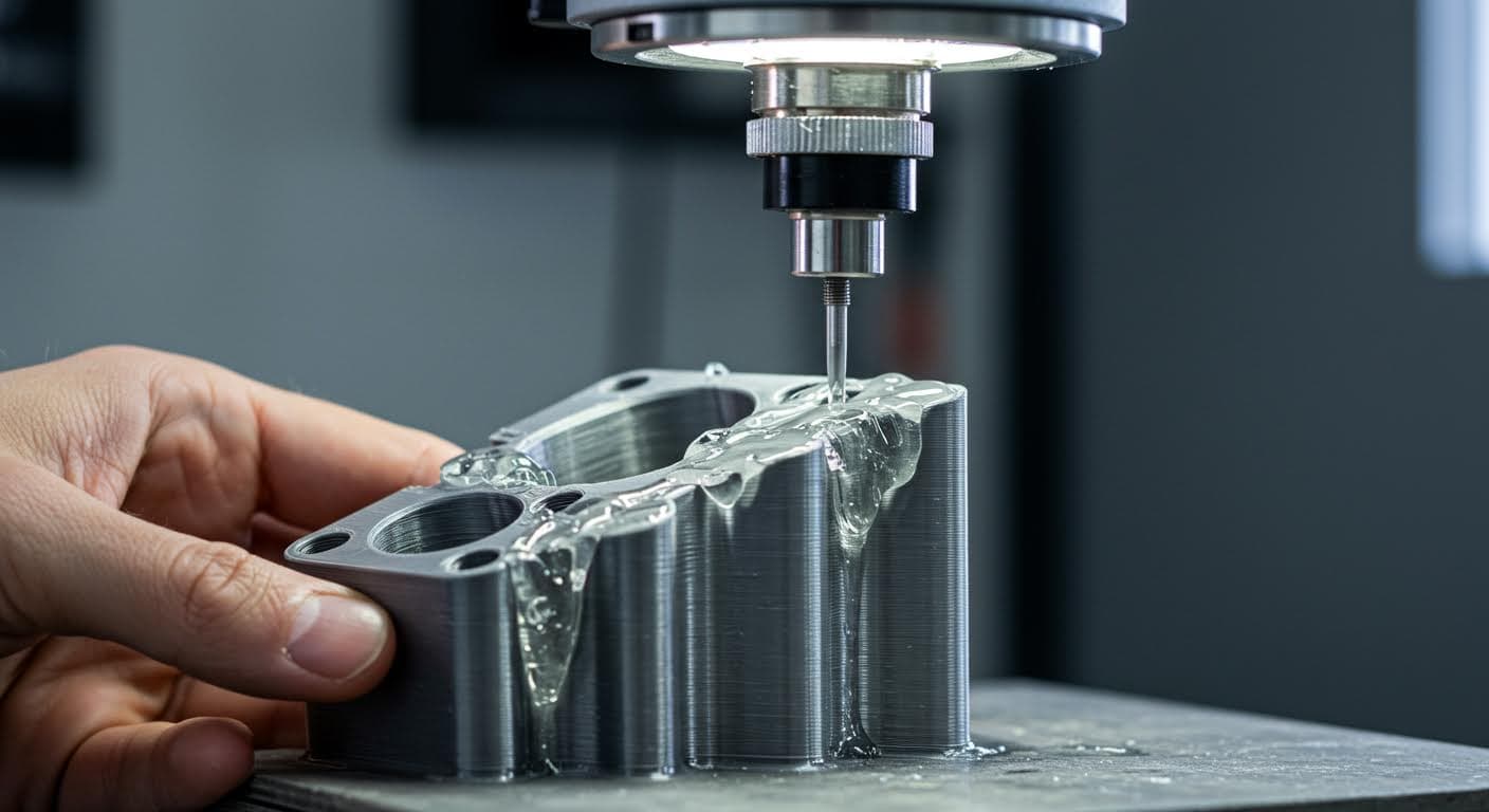 Close-up of a 3D-printed plastic component being bonded with clear epoxy resin in an industrial workshop, showing the glossy surface and precise application without any text or labels