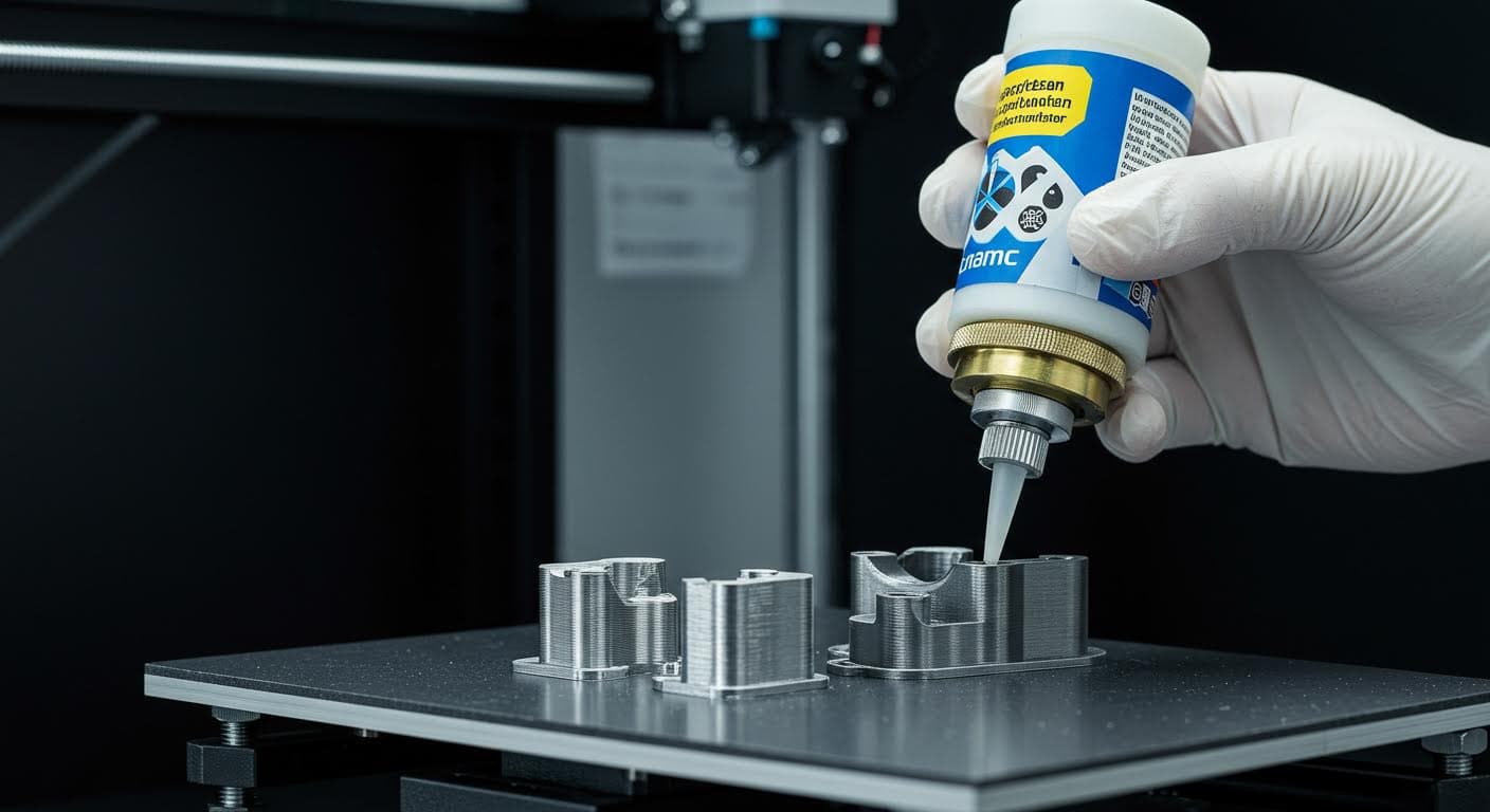 High-resolution image of cyanacrylate adhesive applied to two metal parts from a 3D printer, capturing the quick polymerization process in a clean manufacturing environment