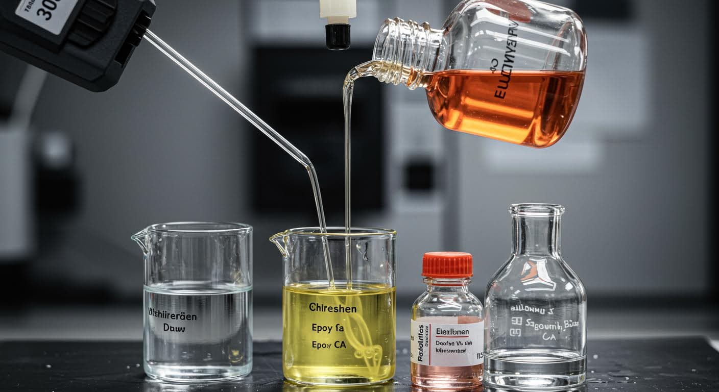 Professional photo of organic solvents being mixed with bonding agents in a laboratory setting, focusing on the liquid flow and glassware without inscriptions